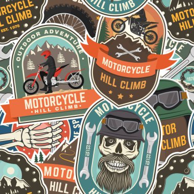 Motorcycle hill climb seamless pattern or background. Vector. Extreme sport with motorbike for extreme jump and race in mountains. clipart