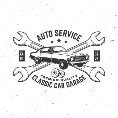 Otomatik servis logosu, amblemler, rozetler ve simgeler. Vektör. Servis arabası tamiri, restorasyon ve araba kulübü tasarım elementleri