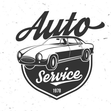 Otomatik servis logosu, amblemler, rozetler ve simgeler. Vektör. Servis arabası tamiri, restorasyon ve araba kulübü tasarım elementleri