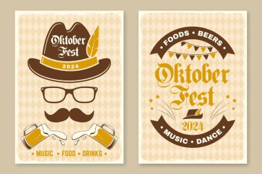 Oktoberfest retro posterleri. Vektör. Bira bardağı, Alman geleneksel şapkası, bıyığı ve gözlüğü.