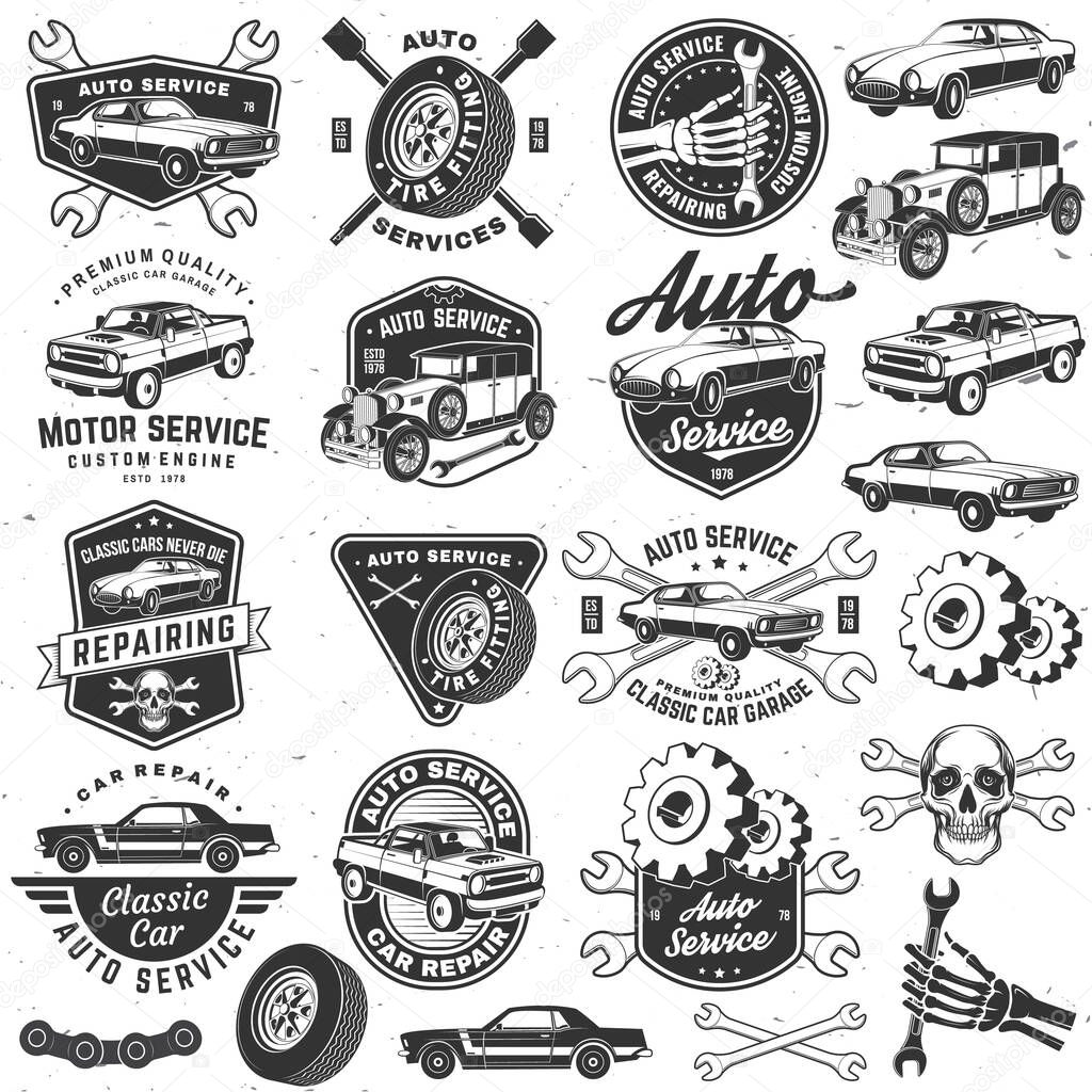 Set of auto service logo, emblems, badges and icons. Vector. Service car repair, restoration and car club design elements