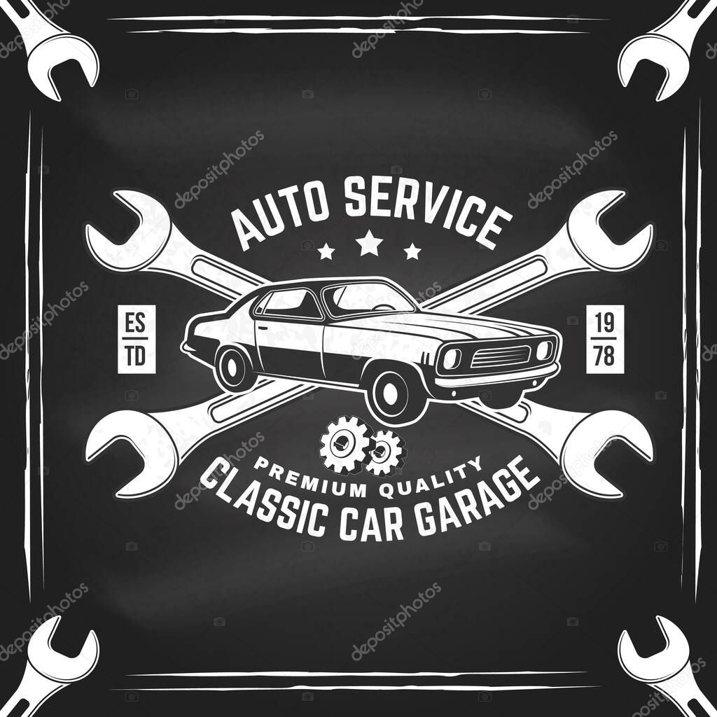 Auto service logo, emblems, badges, sticker on the chalkboard. Vector. Service car repair, restoration and car club design elements
