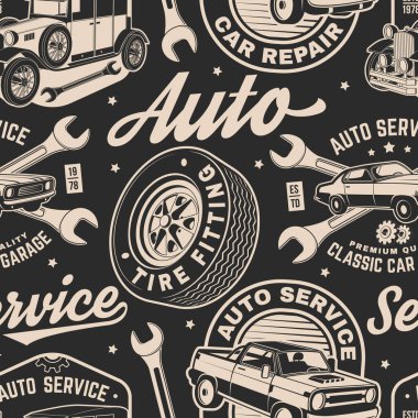 Otomatik servis dikişsiz kalıp veya arkaplan. Vektör. Servis arabası tamiri, restorasyon ve araba kulübü için kumaş, doku, duvar kağıdı
