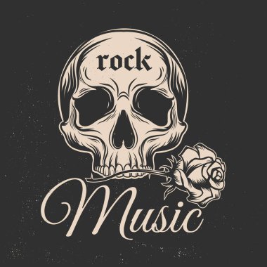 Rock müzik. Eski baskı, logo, rozet tasarımı, insan kafatası ve gül silueti. Vektör illüstrasyonu