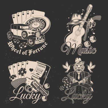 Gangster tasarımı. Antika baskı, logo, eski arabalı rozet tasarımı, poker kartı, kumarhane fişi, kumar makinesi, iki zar, eklem, silah ve gitar. Vektör illüstrasyonu