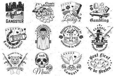 Gangster kulübü rozet tasarımı. Vektör. Klasik monokrom etiketi, çıkartma, gangster, makineli tüfek, kaplan gangster, kafatası siluetleri
