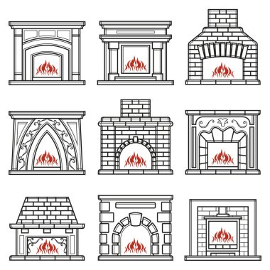 Ocağın ana hatları düzenlenebilir vuruş ikonu. Şömine tabelası. Vektör çizimi. Web ve mobil, modern minimalist düz tasarım için ince çizgi simgesi