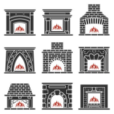 Fırın silueti ikonu seti. Şömine tabelası. Vektör çizimi. Web ve mobil için, modern minimalist düz tasarım