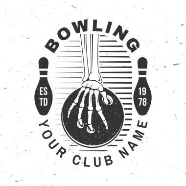 Bowling kulübü logosu, rozet tasarımı. Bowling lobutlarıyla klasik tasarım ve bowling topu siluetiyle iskelet el. Vektör