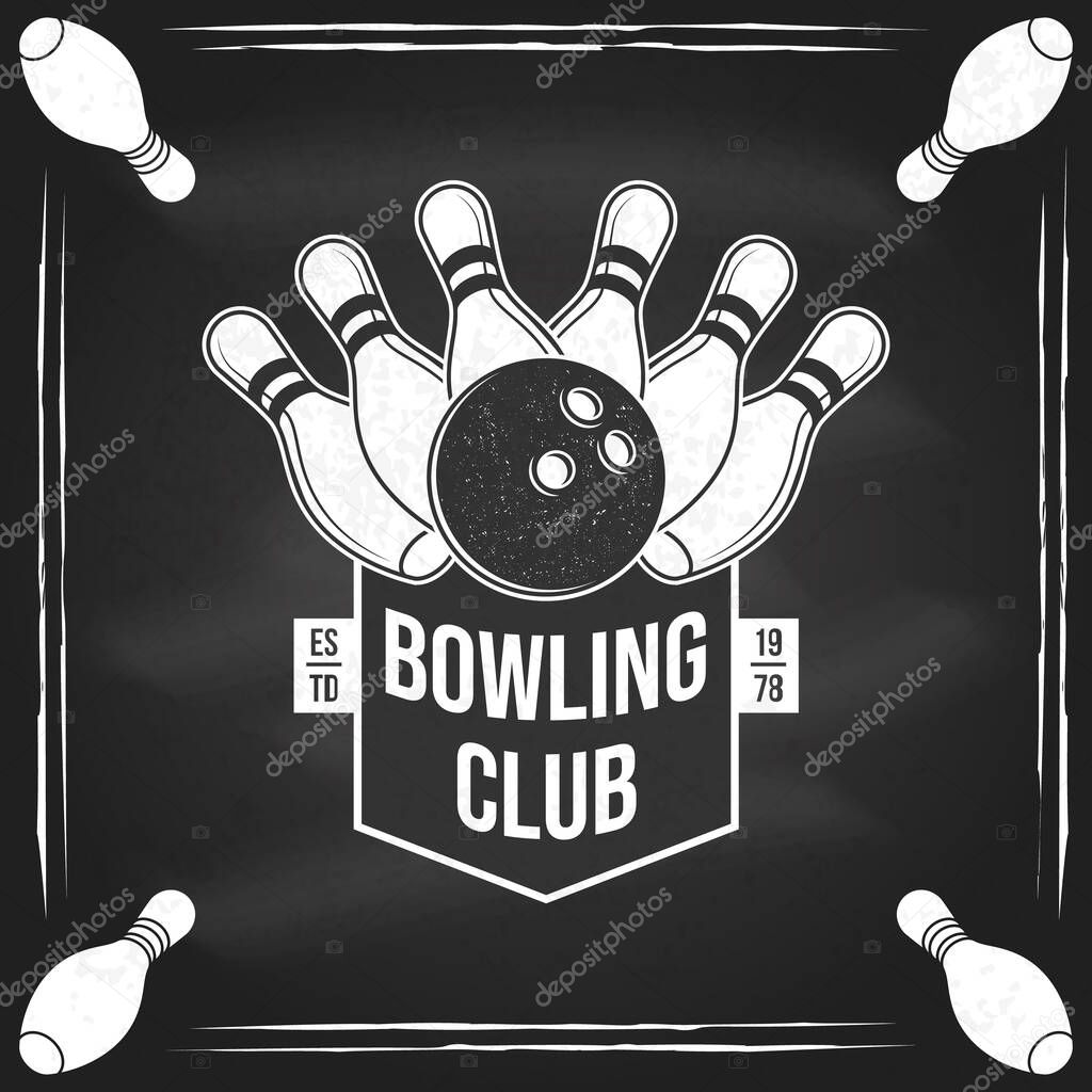 Bowling sports club logo, badge design on the chalkboard. Vintage design with bowling pins and ball silhouette. Vector