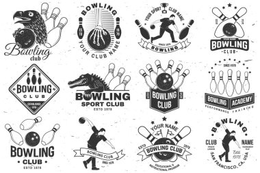 Bowling kulübü logosu, rozet tasarımı. Sporcu, bovling lobutları ve bowling topu, kartal ve timsah siluetiyle klasik tasarım. Vektör