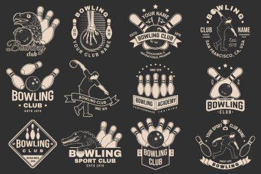 Bowling kulübü logosu, rozet tasarımı. Sporcu, bovling lobutları ve bowling topu, kartal ve timsah siluetiyle klasik tasarım. Vektör