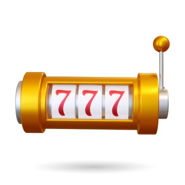 Altın kumar makinesi ikramiyeyi kazandı. Vektör çizimi. Oyun slot konsepti. Kumarhane ve kumar endüstrisi için gerçekçi 3D ikonu.