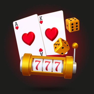 Kumarhane kumar makinesi, zar ve siyah neon arka planda poker kartları olan bir poster. Vektör çizimi. Kumar oyunu, kumarhane oyunları