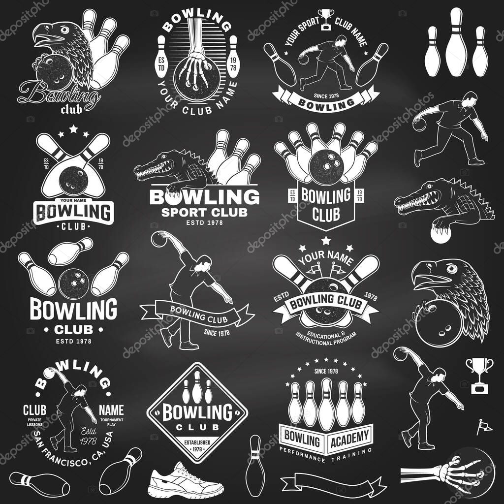 Set of Bowling sports club logo, badge design on the chalkboard. Vintage design with athlete, bowling pins and skeleton hand with bowling ball, eagle, crocodile silhouette. Vector