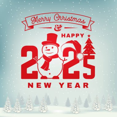 Mutlu Noeller ve 2025 yılbaşı pulu, kardan adam etiketi, Noel ağacı, Noel Baba şapkası. Vektör. Xmas için klasik tipografi tasarımı, geçmişe dönük yeni yıl amblemi.
