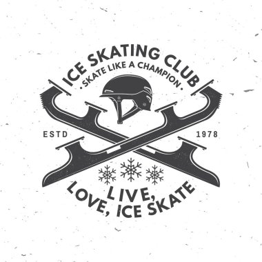 Buz pateni akademisi logosu, rozet tasarımı. Gömlek, logo, baskı, paten ve kaskla pul ya da tişört konsepti. Kış sporu. Vektör illüstrasyonu