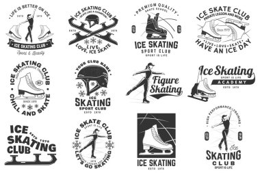 Buz pateni kulübü seti, akademi logosu, rozet tasarımı. Tişört, logo, parmak izi, paten, paten, paten ve miğfer konsepti. Kış sporu. Vektör illüstrasyonu