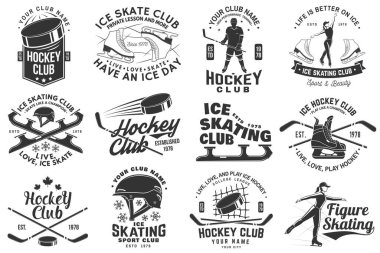 Buz pateni kulübü seti, akademi logosu, rozet tasarımı. Tişört, logo, parmak izi, paten, paten, paten ve miğfer konsepti. Kış sporu. Vektör illüstrasyonu