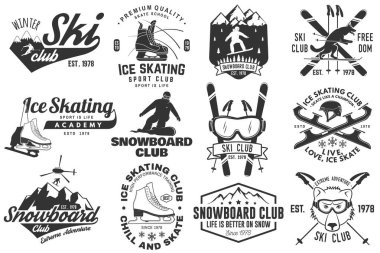 Kayak, buz pateni ve Snowboard Kulübü amblemi. Vektör. Gömlek, baskı, pul, rozet ya da tişört konsepti. Snowboard 'cu, patenci, patenci, patenci ve kayakçı siluetiyle klasik tipografi tasarımı. Kış sporu.