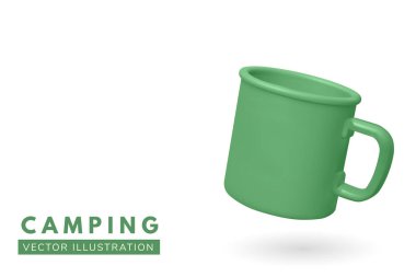 Beyaz arka planda izole edilmiş yeşil kamp kupası. Vektör çizimi. Açık hava meraklıları, yürüyüşçüler ve hayatta kalanlar için 3D kamp kupası.