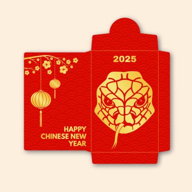 Çin Yeni Yıl kırmızı zarfı düz simgesi. Vektör çizimi. Altın yılanlı ve fenerli kırmızı paket. Yılanın 2025 yılındaki Çin Yeni Yılı