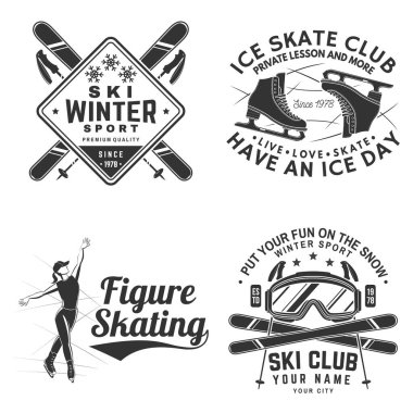 Kayak ve buz pateni kulübü seti, logo, rozet tasarımı. Tişört, logo, baskı, pul ya da tişört için kayak gözlüğü, kayak, buz pateni, paten, paten ve kask. Kış sporu. Vektör.