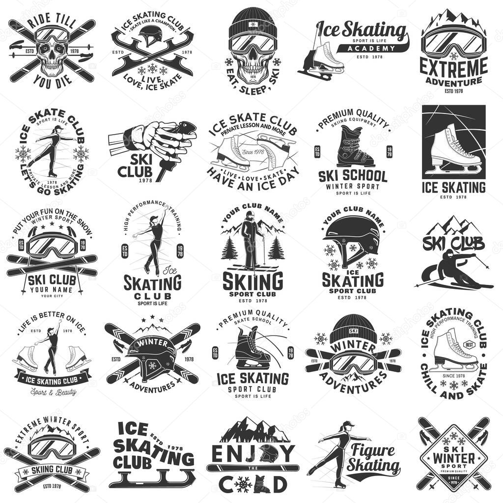 Set of ski and Ice Skate retro badge. Vector. Concept for shirt, print, seal or stamp with skate, skates blades, ski glasses, skull, skeleton hand holding ski pole. Winter sport