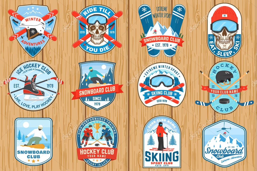 Set of Ice Hockey club, ski and Snowboard Club sport retro badge, patch with ski glasses, hockey player, sticker, puck, skeleton, winter sport hat, skate, helmet, snowboarder and mountain