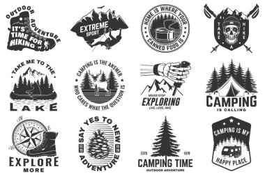 Set of hiking, climbing and camping related typographic quote. Vector. Concept for shirt or logo, print, stamp, sticker. Design with forest, mountains, hiker, axe and campfire. clipart