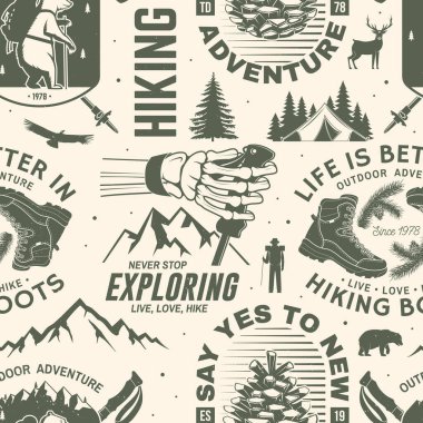 Hiking outdoor adventure seamless pattern with emblems, logos. Background, wallpaper, seamless pattern with human skeleton hand holding hiker pole, hiking boot, pine cone, hiker bear with backpack clipart