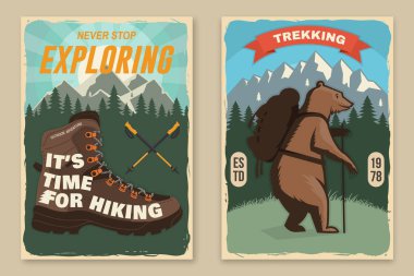 Set of hiking outdoor adventure flyer, poster, banner with hiker bear with backpack, mountain, hiking poles, hiking boot and pine cone. Vector clipart