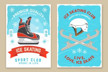 Buz pateni kulübü broşürü, poster, afiş tasarımı. Tişört ya da logo, baskı, pul ya da paten, kask. Kış sporu. Vektör illüstrasyonu