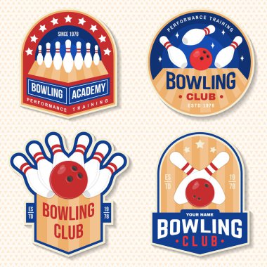 Bovling kulübü çıkartmaları, logolar, rozet tasarımı. Bowling lobutları ve top siluetiyle klasik tasarım. Vektör