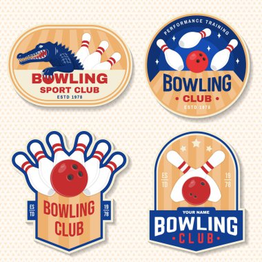 Bovling kulübü çıkartmaları, logolar, rozet tasarımı. Bowling lobutları, timsah ve top silueti olan klasik tasarım. Vektör