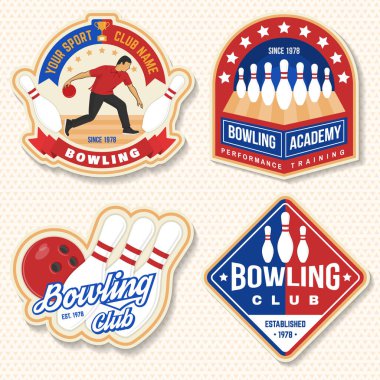 Bovling kulübü çıkartmaları, logolar, rozet tasarımı. Bowling lobutları ve top siluetiyle klasik tasarım. Vektör