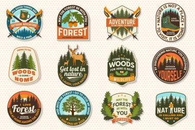 Set of logo, badge design with inspirational adventure quotes. Concept for shirt or logo, print, stamp or tee with oak leaf and acorns, pin forest, coffee or tea mug, hiking poles, deer. Vector