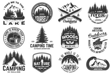 Set of logo, badge design with inspirational adventure quotes. Concept with oak leaf and acorns, pin forest, hiker, climber, matches stick, camping knives and mountain. Vector