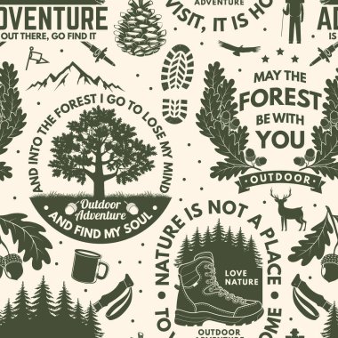 Outdoor adventure seamless pattern with emblems, logos. Background, wallpaper, seamless pattern with oak leaf and acorns, hiking boot, pin forest, coffee or tea mug, hiking poles. Vector
