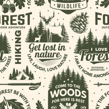 Outdoor adventure seamless pattern with emblems, logos. Background, wallpaper, seamless pattern with oak leaf and acorns, hiking boot, pin forest, coffee or tea mug, hiking poles. Vector