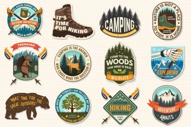 Set of logo, badge design with inspirational adventure quotes. Concept for shirt or logo, print, stamp or tee with oak leaf and acorns, pin forest, coffee or tea mug, hiking poles, deer. Vector