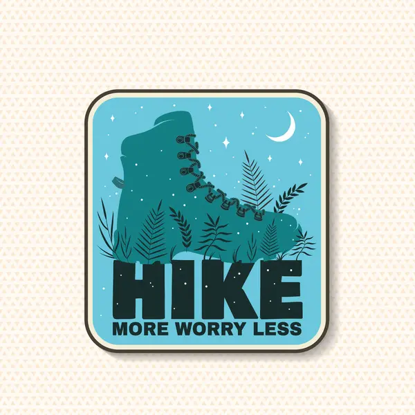 Yama tasarımı yerine daha çok endişelen. Tişört, logo, baskı, pul ve çim silueti içeren tişört ya da tişört konsepti. Açık hava macerası. Vektör.