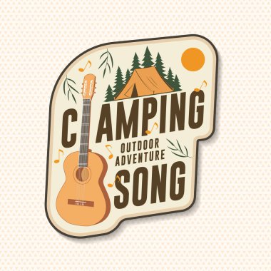 Kamp şarkısı logosu, rozet, yama tasarımı. Tişört, logo, baskı, pul ya da çam ağacı silueti konsepti. Açık hava macerası. Vektör