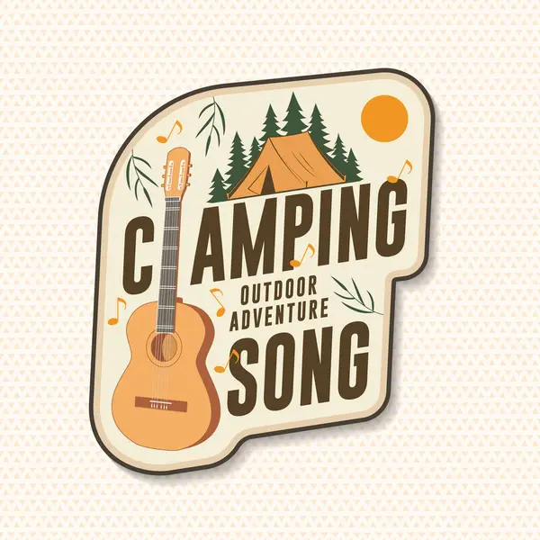 Kamp şarkısı logosu, rozet, yama tasarımı. Tişört, logo, baskı, pul ya da çam ağacı silueti konsepti. Açık hava macerası. Vektör