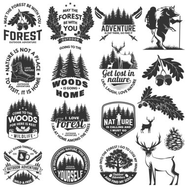 Logo seti, rozet tasarımı ve ilham verici macera alıntıları. Tişört, logo, baskı, meşe yaprağı ve meşe palamudu, yürüyüş botu, iğne ormanı, kahve ya da çay kupası, Trekking çubukları