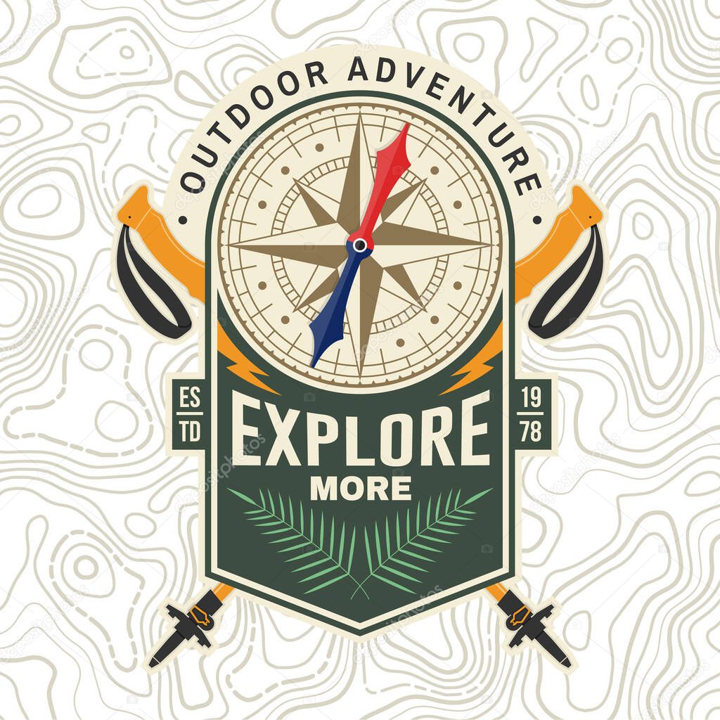 Explore more. Camping quote. Vector. Concept for shirt or logo, print, stamp or tee. Vintage typography design with old retro compass and Trekking sticks