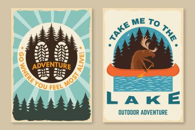 Göle götür beni. Kamp alıntısı. Vektör. Gömlek, logo, baskı, pul ya da tişört konsepti. Kano, göl ve orman siluetinde geyik olan klasik tipografi tasarımı. Yaz kampı.