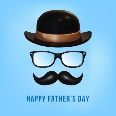 Mutlu Babalar Günü afişi, afişi, kartı. Gözlüklü, gerçekçi melon şapkalı ve bıyıklı Babalar Günü kavramı. Vektör