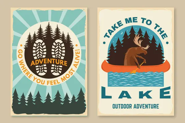 Göle götür beni. Kamp alıntısı. Vektör. Gömlek, logo, baskı, pul ya da tişört konsepti. Kano, göl ve orman siluetinde geyik olan klasik tipografi tasarımı. Yaz kampı.