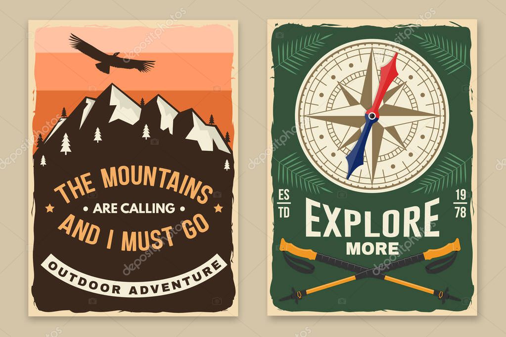 Outdoor adventure flyer, poster, banner design. Vector. Concept for shirt or logo, print, stamp or tee. Vintage typography design with old retro compass, mountain and trekking sticks